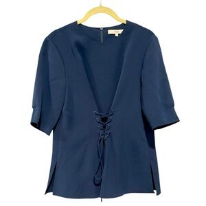 Tibi Lace Tie Crew Neck Short Sleeve Navy Blue Blouse Top 4 Small